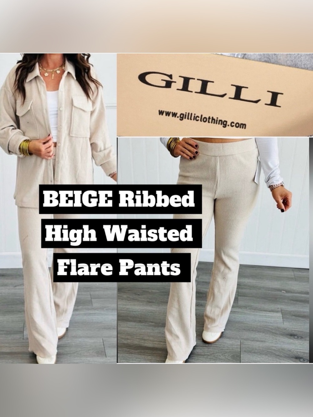 🎉🩷SALE🩷🎉 🆕🤍GILLI: BEIGE Ribbed High Waisted Flare Pants LARGE •SEE VIDEO•